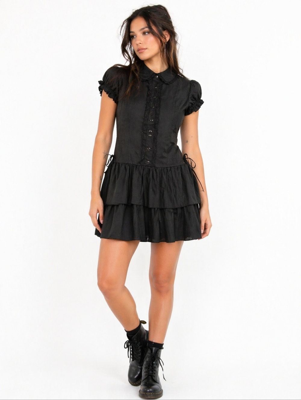 Lip Service Black Gothic Ruffle Mini Dress Lace Button Front Size S
